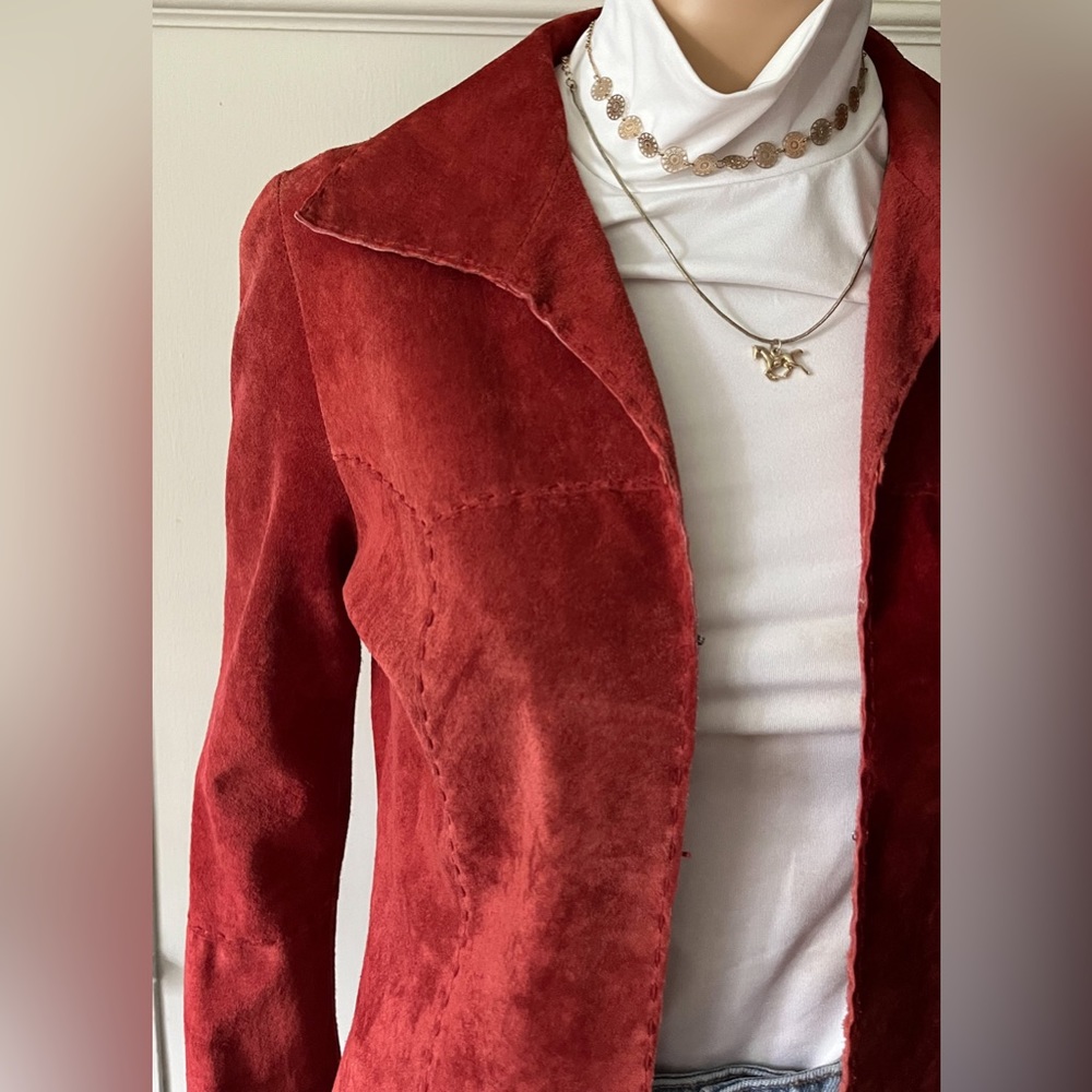 GORGEOUS Vintage 90s Wet Seal 100% Leather Rust Red/Orange Suede 70’s Style Coat - Picture 11 of 14